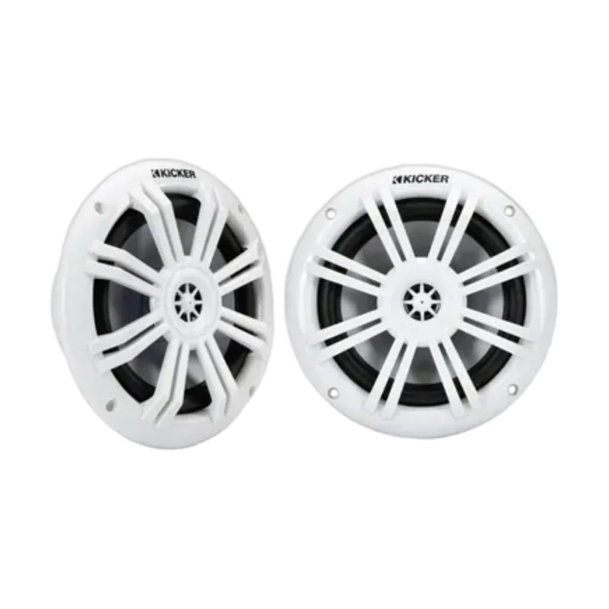 Image of a pair of Kicker marine speakers on a white background.