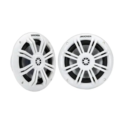 Image of a pair of Kicker marine speakers on a white background.
