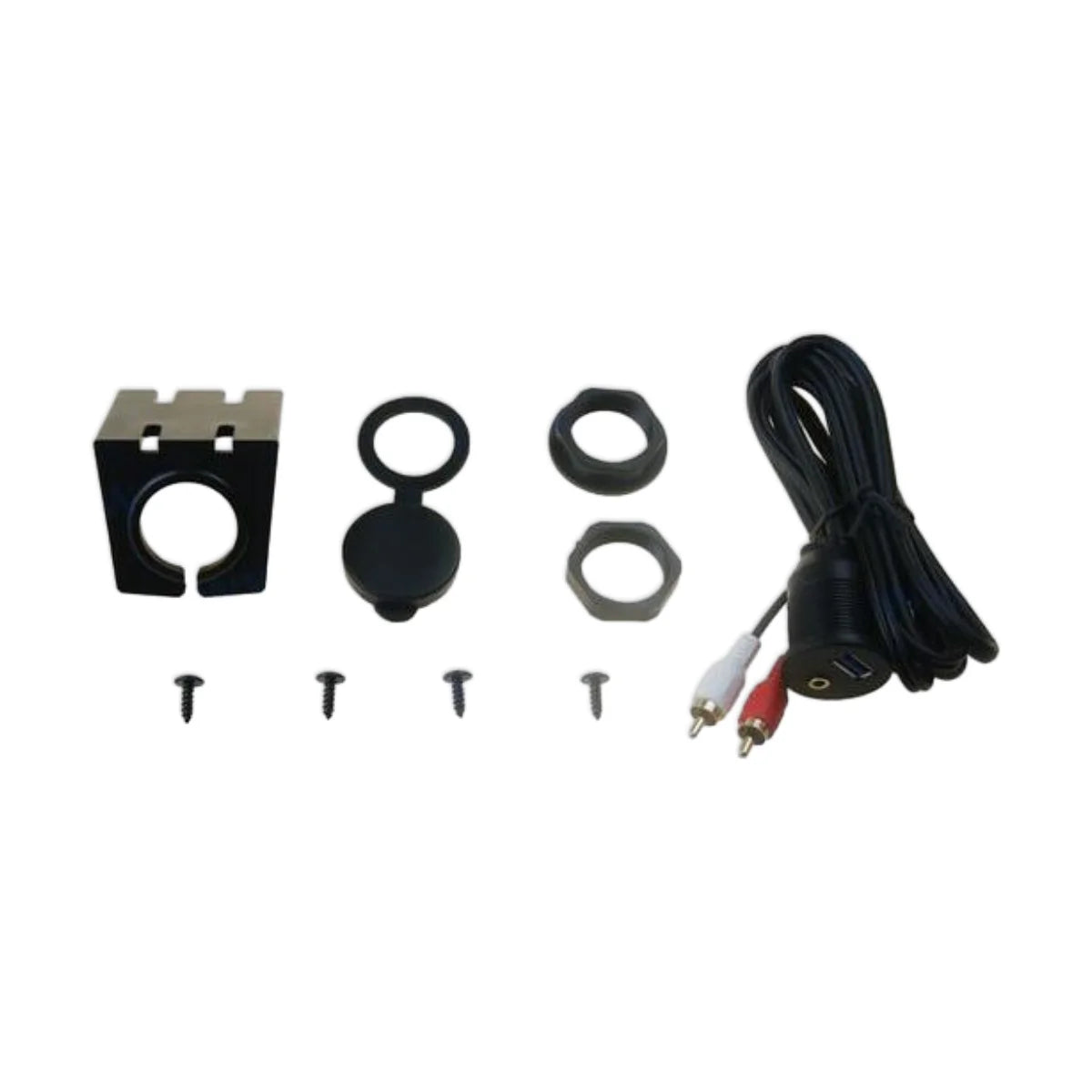 Image of coiled up wire with red and white connectors on the end, with various fixings and hardware on a white background.