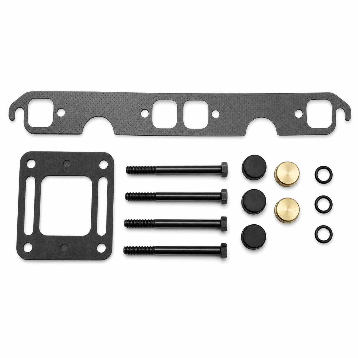 MAR246 exhaust manifold fitting kit detail with graphite gaskets, black bolts, brass plugs and O-rings