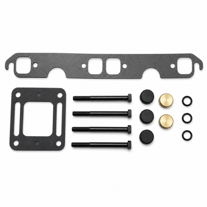 MAR246 exhaust manifold fitting kit detail with graphite gaskets, black bolts, brass plugs and O-rings