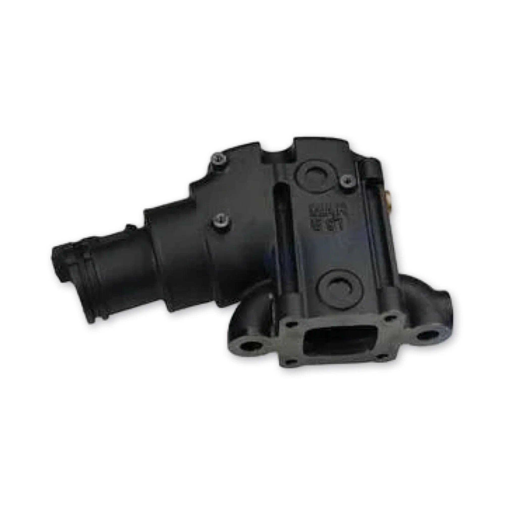 Black exhaust elbow for mercruiser on a white background.