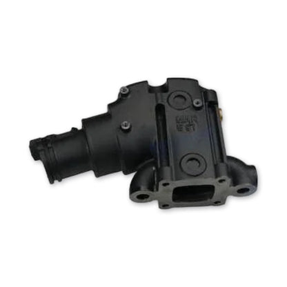 Black exhaust elbow for mercruiser on a white background.