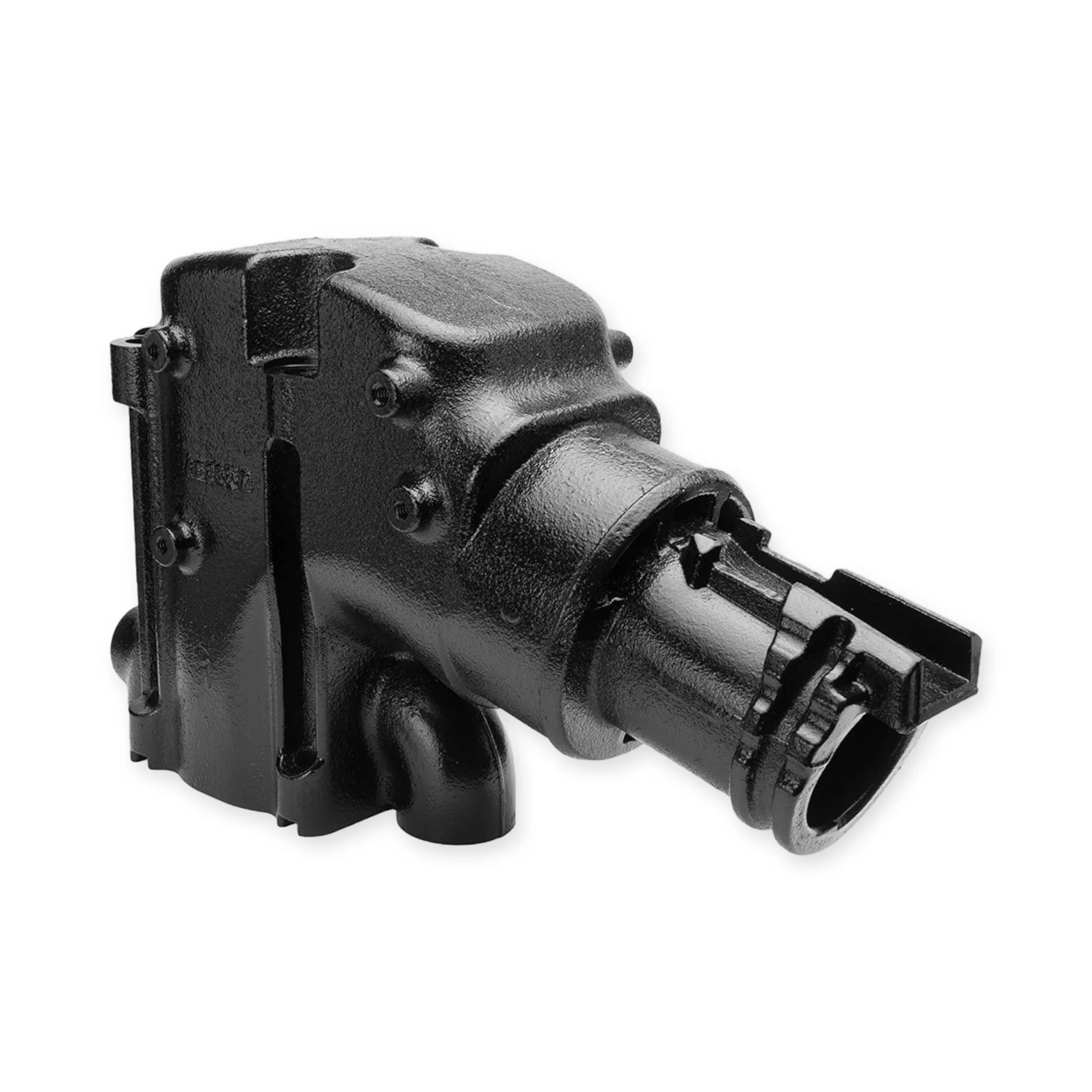 Side view of black mercruiser exhaust elbow showing exhaust outlet on a white background.