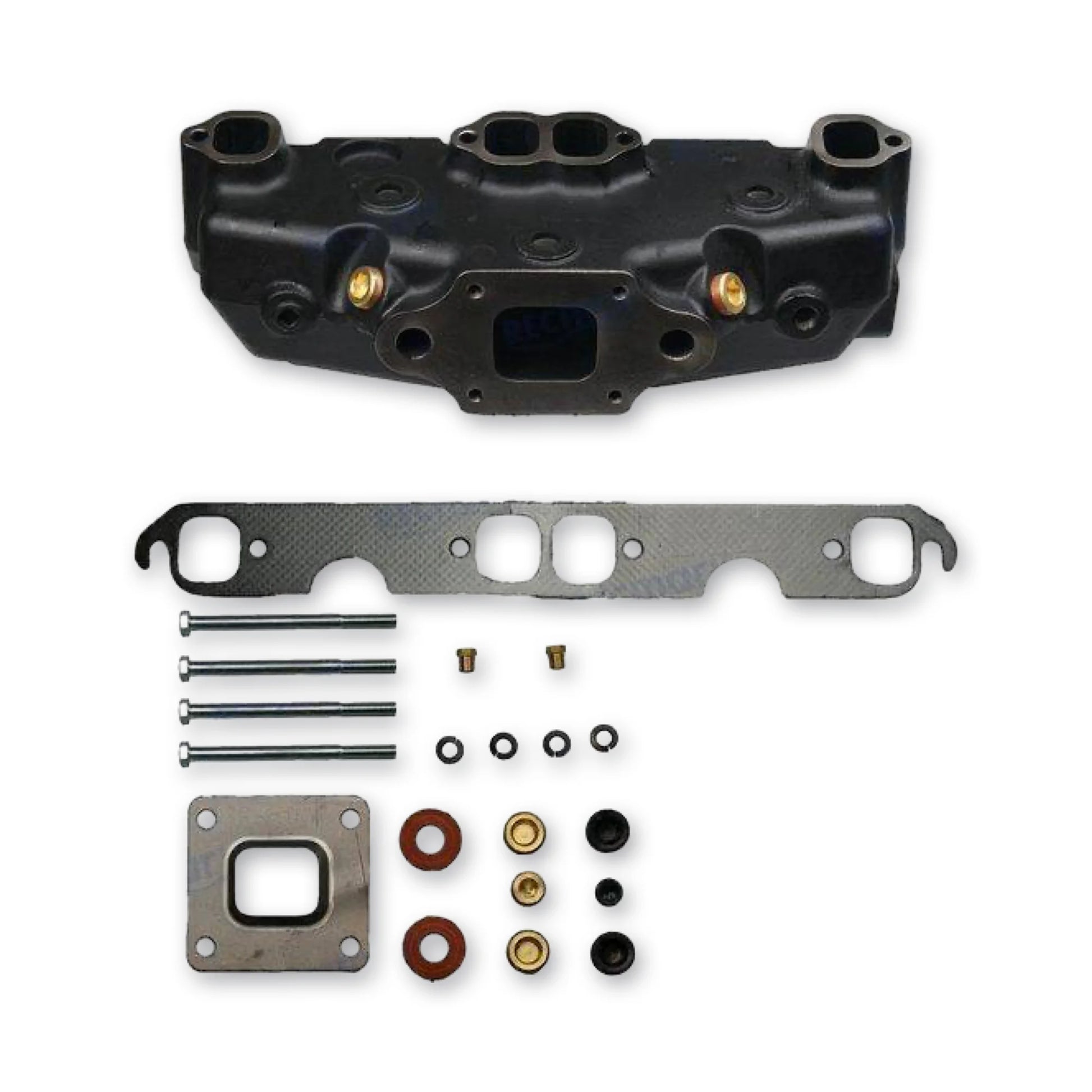 Exhaust manifold beside a gasket and some fitment hardware.