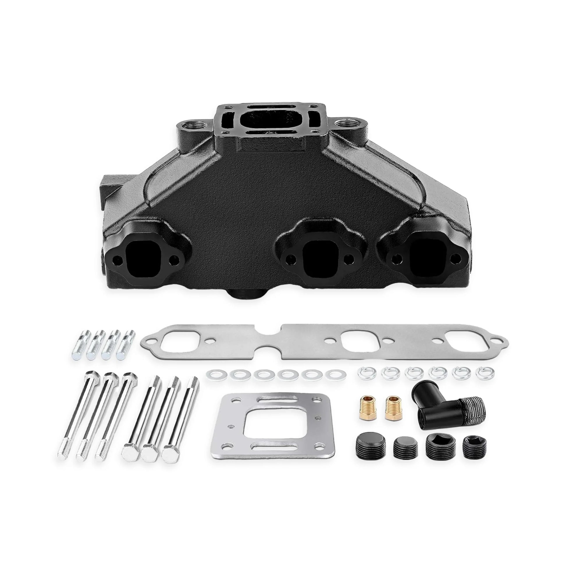 Exhaust manifold beside two gaskets and fitment hardware.