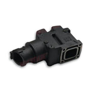 Black exhaust elbow for marine engine side view showing exhaust outlet and fitting face on white background.