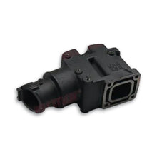 Black exhaust elbow for marine engine side view showing exhaust outlet and fitting face on white background.