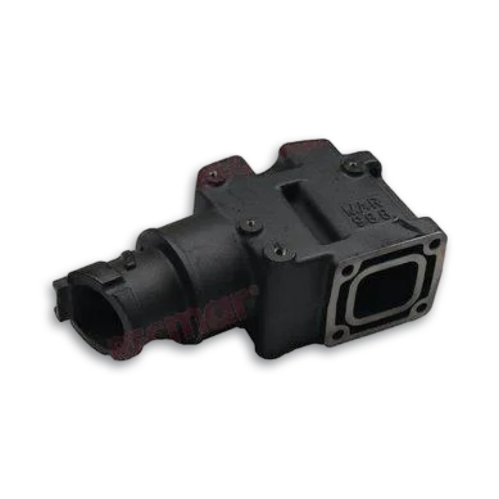 Black exhaust elbow for marine engine side view showing exhaust outlet and fitting face on white background.