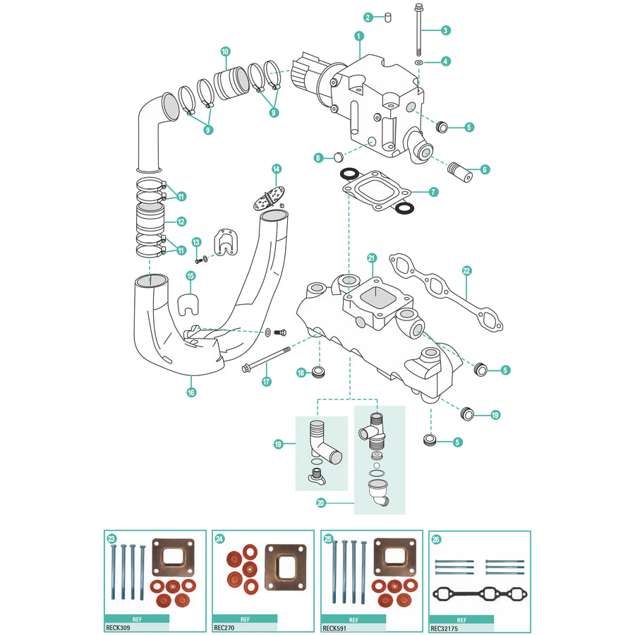 MerCruiser 4.3L carburettor and MPI Alpha / Bravo exhaust and intake parts exploded diagram