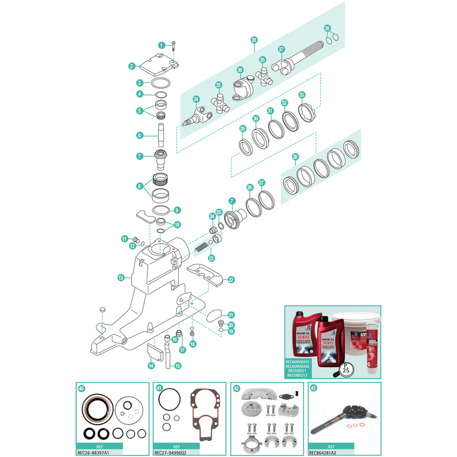 MerCruiser Alpha One Gen II upper driveshaft housing exploded parts diagram for serial 0L100040 and later