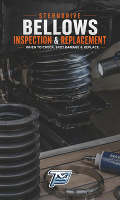 Sterndrive bellows inspection and replacement guide with tools on a dark background