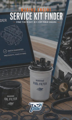 Marine engine filters and a laptop displaying an engine service kit finder on a boat deck.