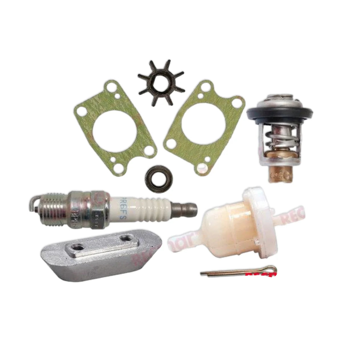 Image of various engine service and maintenance parts on a white background.