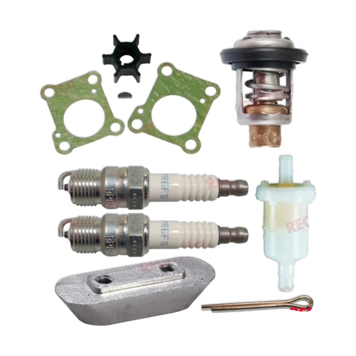 Image of various engine service and maintenance parts on a white background.