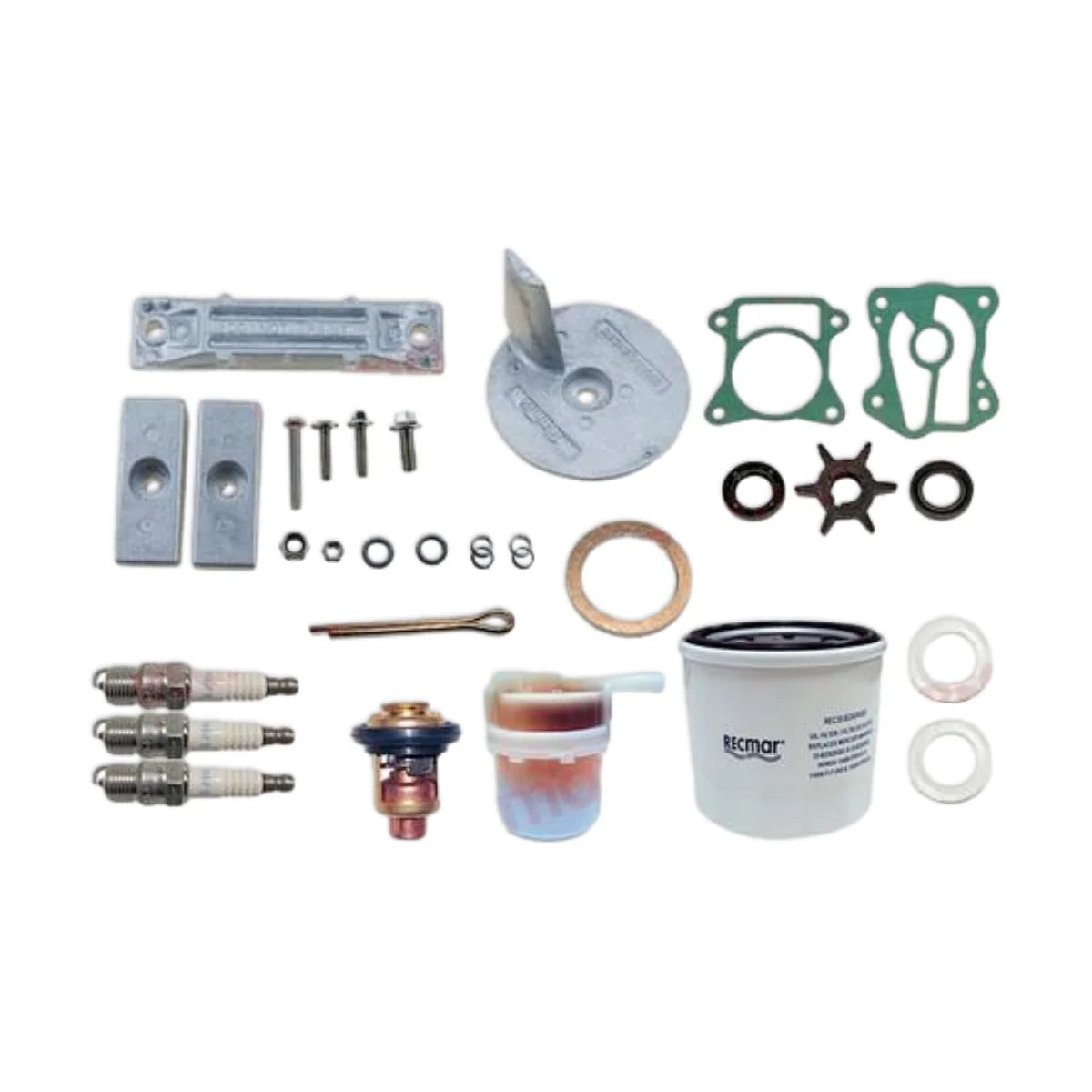 Image of various engine service and maintenance parts on a white background.