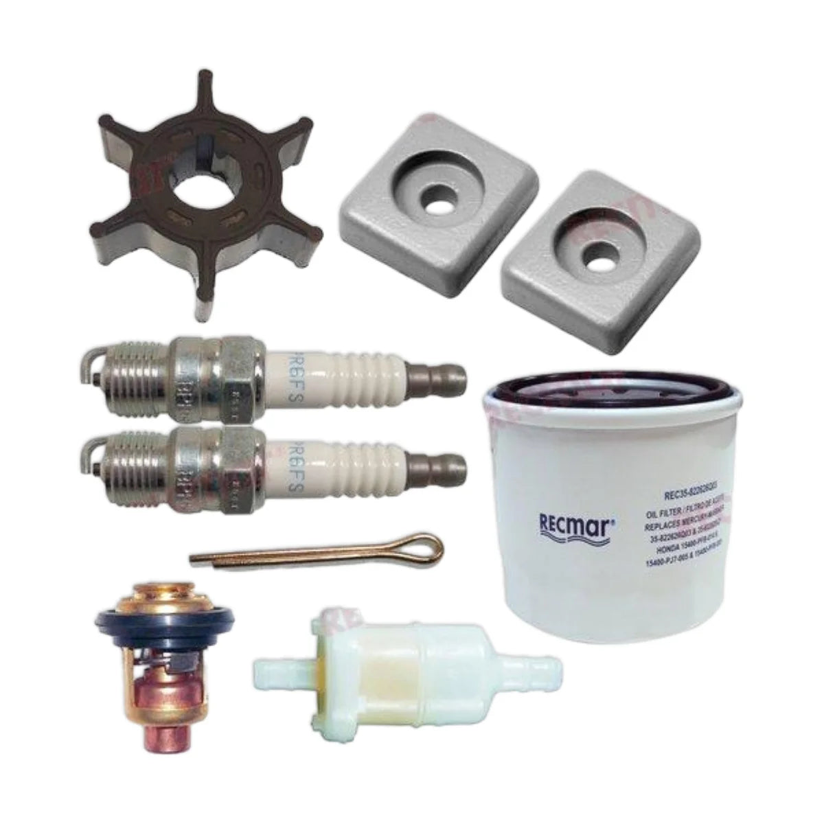 Image of various engine service and maintenance parts on a white background.