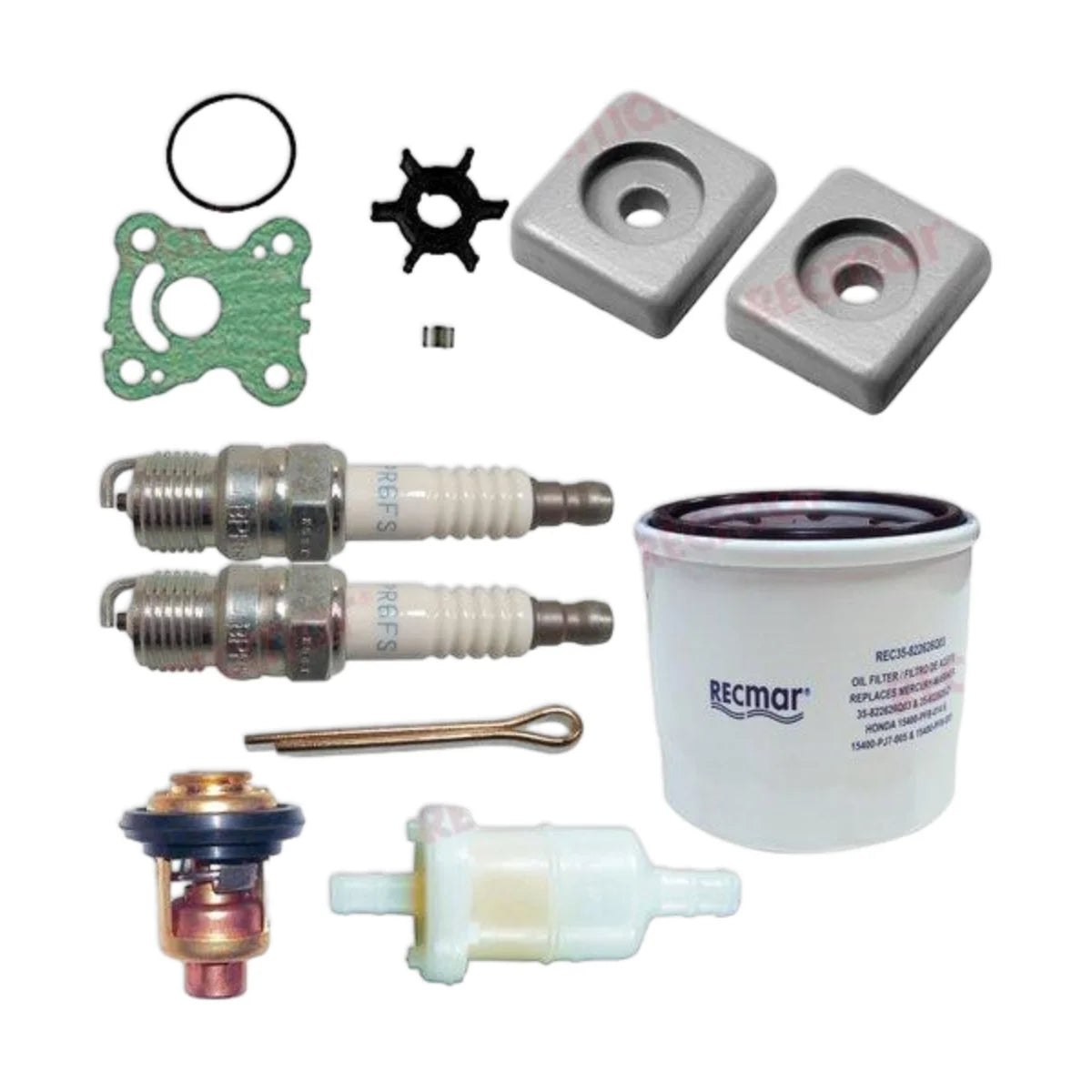 Image of various engine service and maintenance parts on a white background.