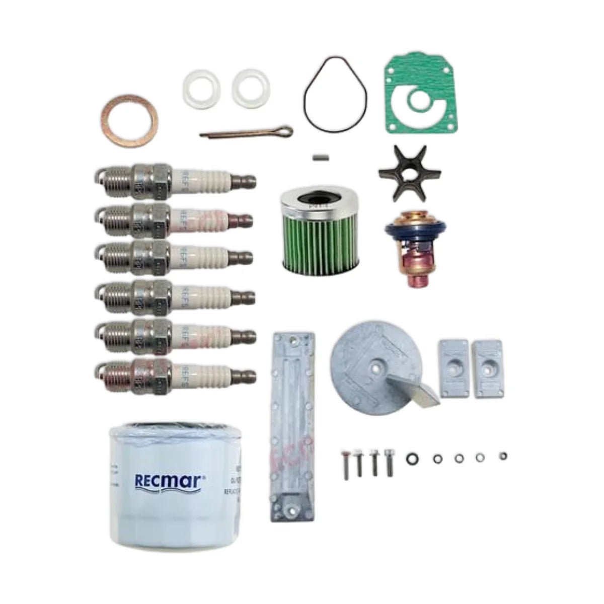 Image of various engine service and maintenance parts on a white background.
