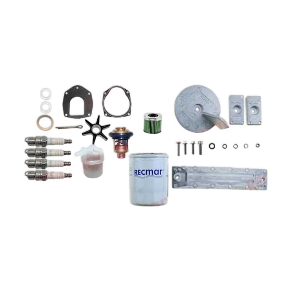 Image of various engine service and maintenance parts on a white background.