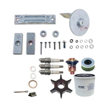 Image of various engine service and maintenance parts on a white background.