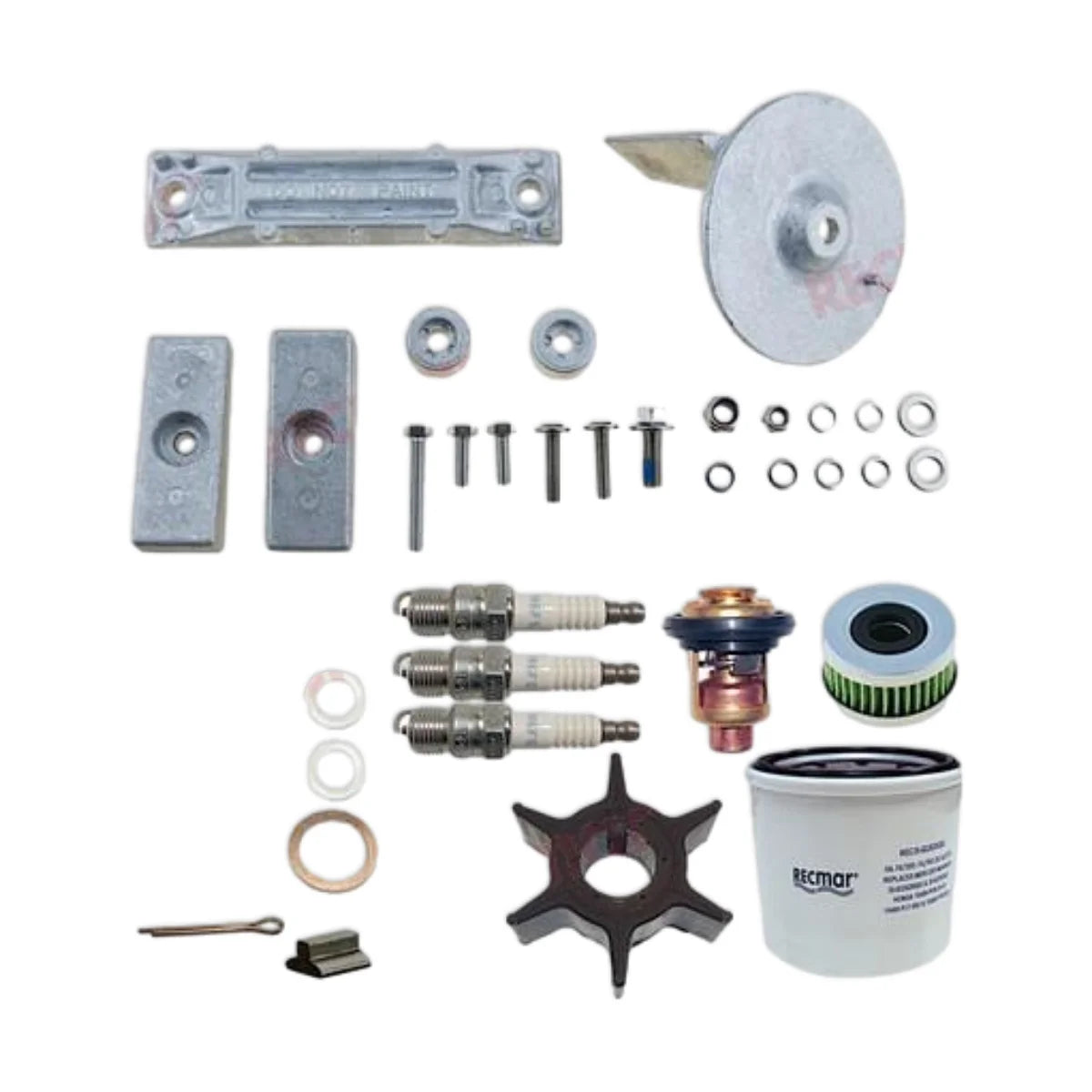 Image of various engine service and maintenance parts on a white background.