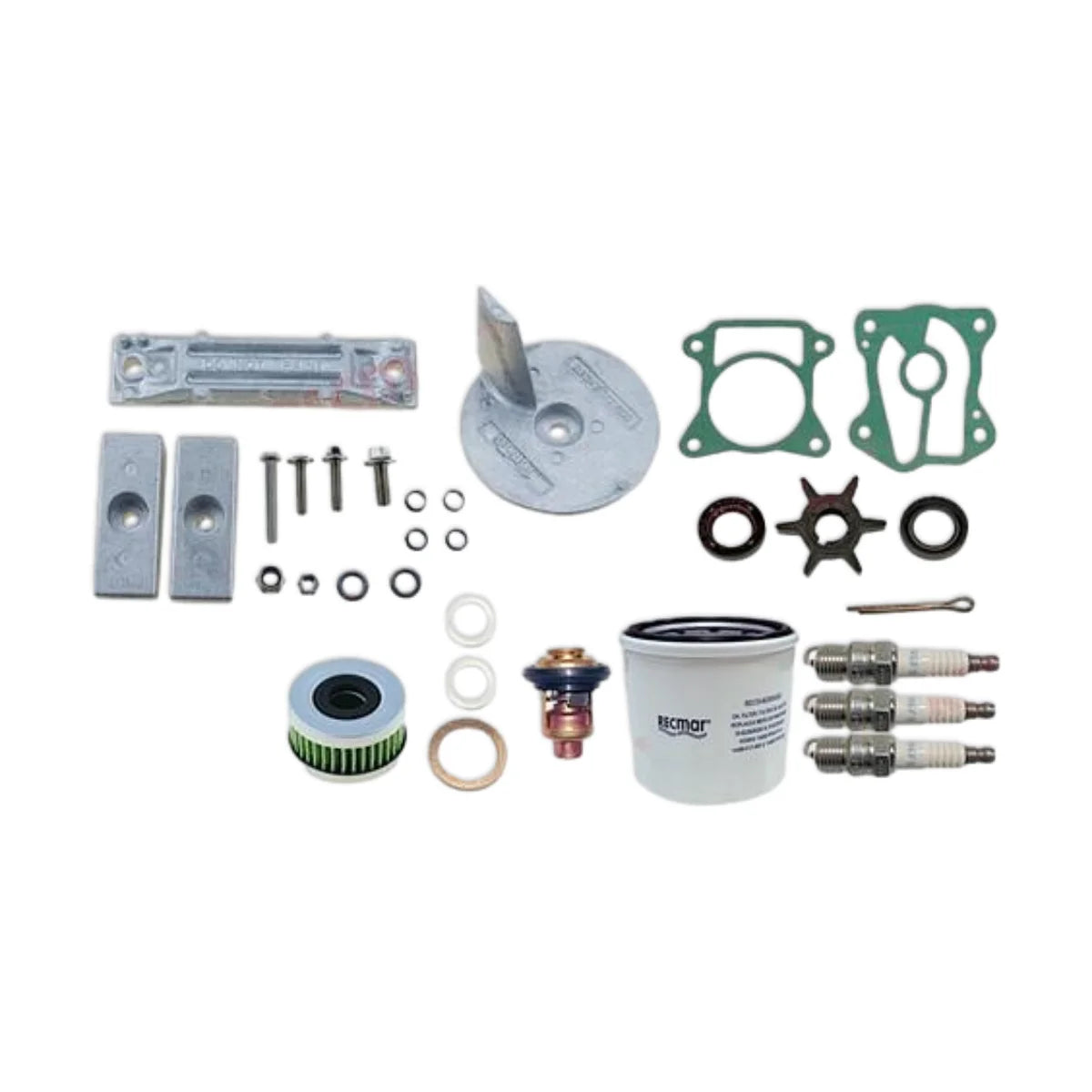 Image of various engine service and maintenance parts on a white background.