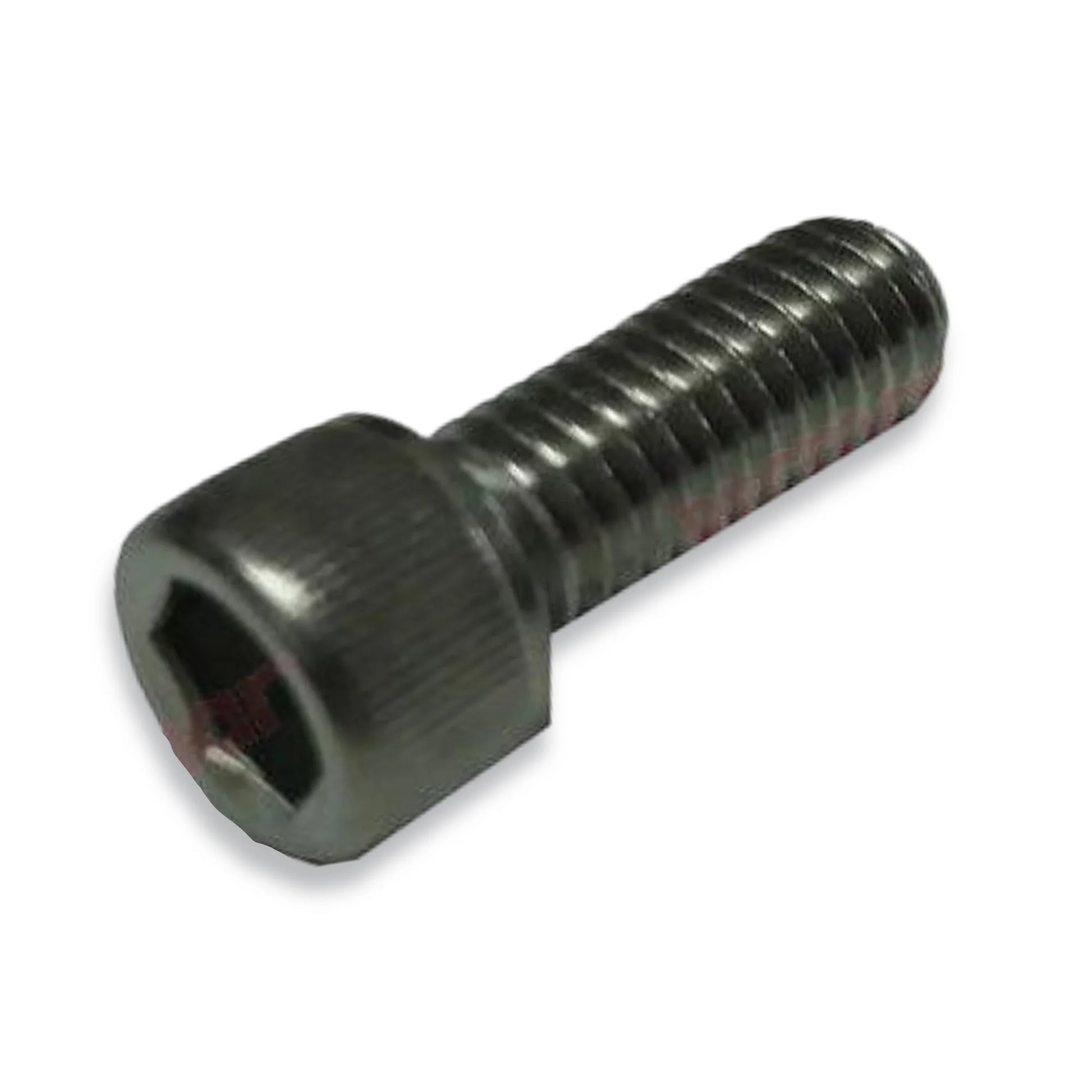 Grey metal bolt with allen head on a white backgound.