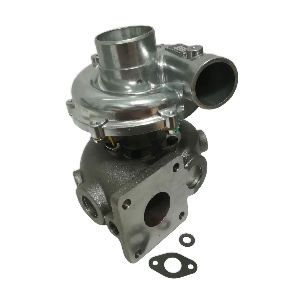 Image of a turbocharger with gasket on a white background.