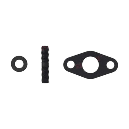 Image of a washer, threaded stud, and a turbo oil feed gasket on a white background.