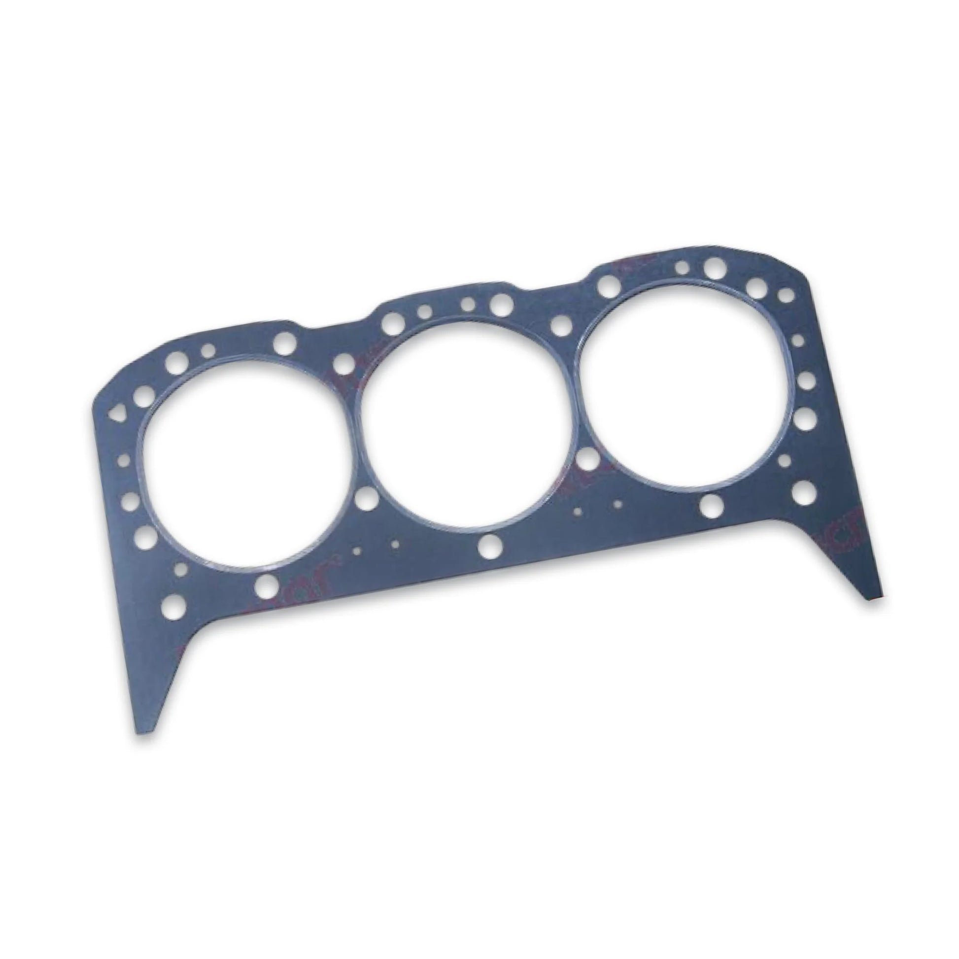 Grey headgasket for a three cylinder engine on a white background.