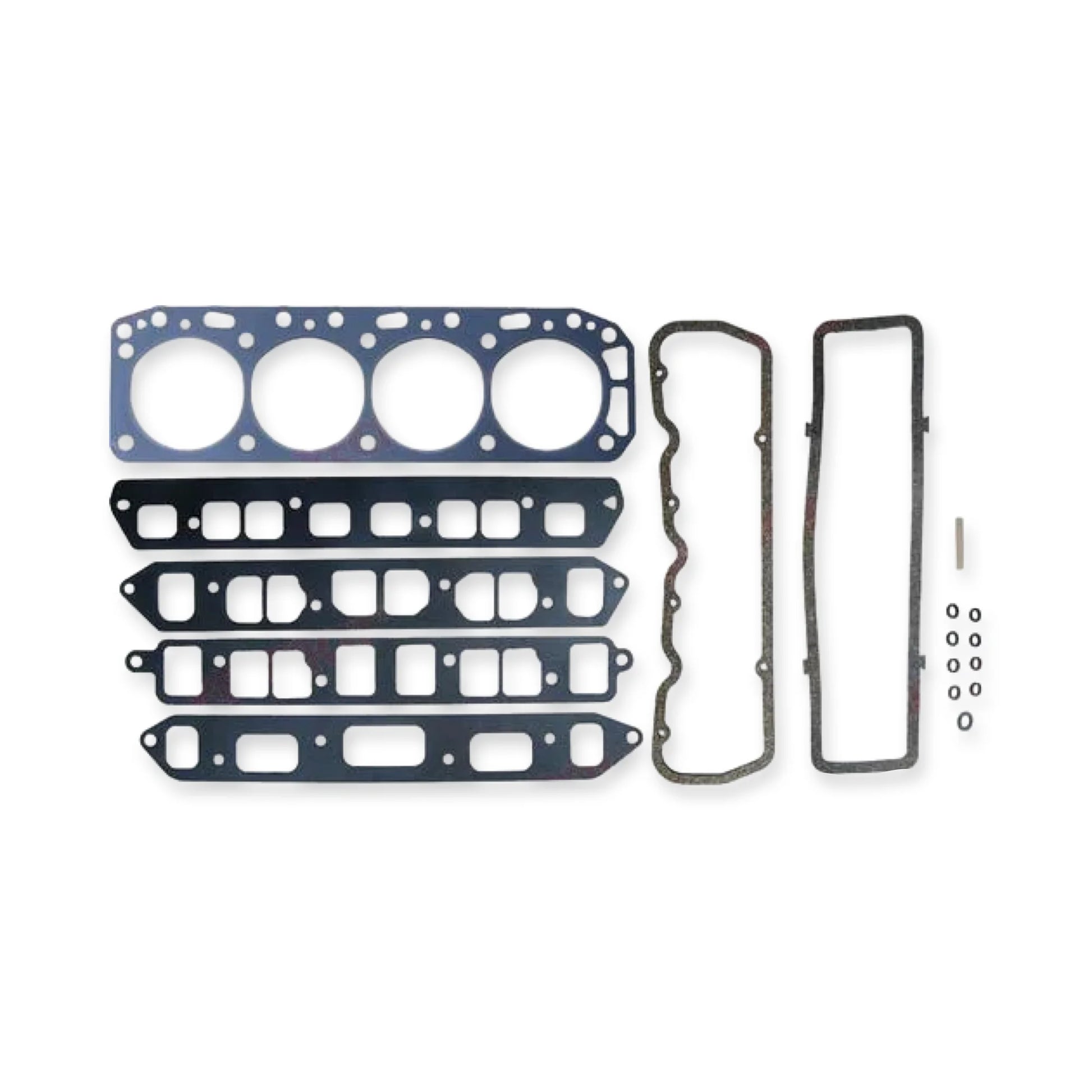 Gasket set including a headgasket, 4x intake and exhaust manifold gaskets, 2x valve cover gaskets and some washers, seals and hardware on a white background.