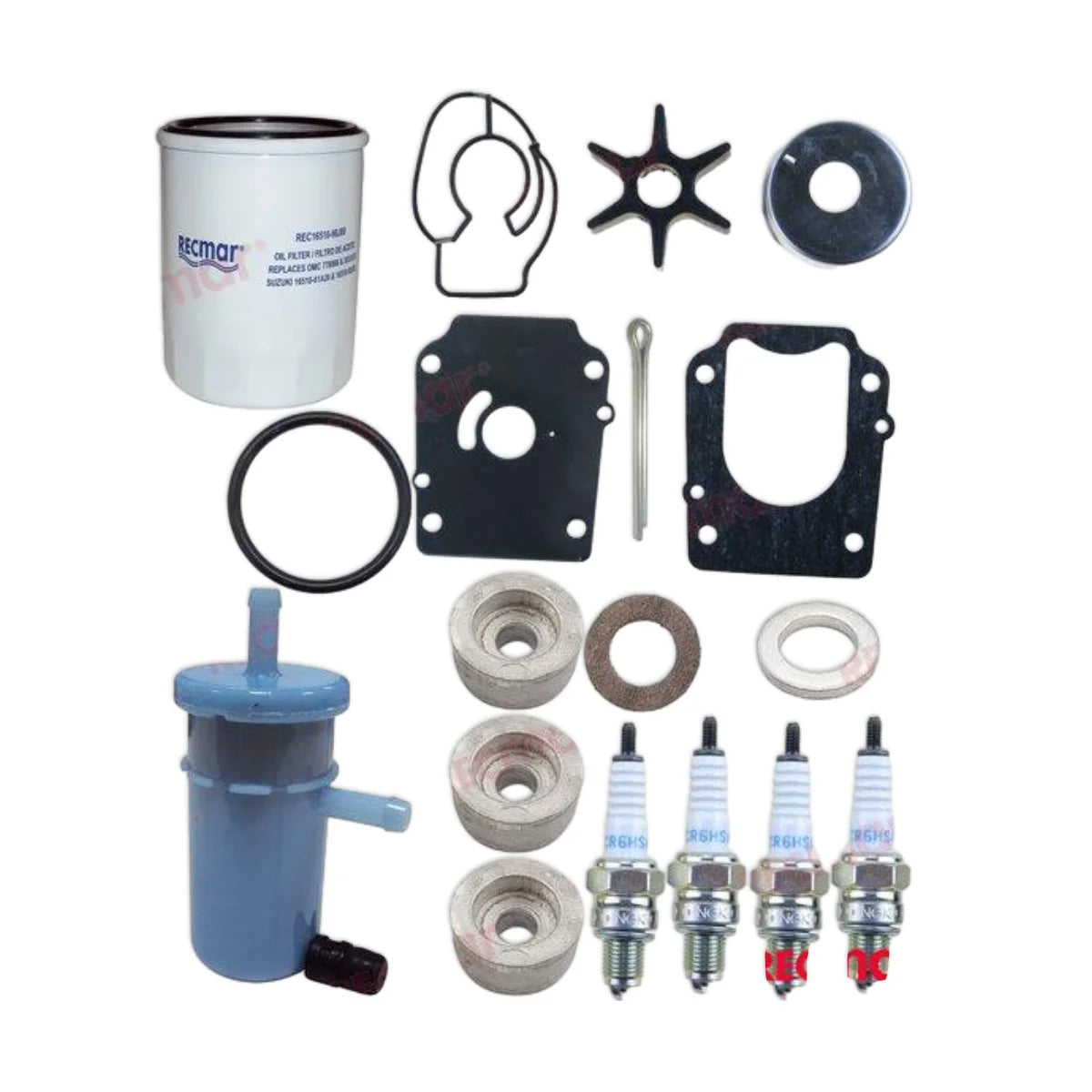 Image of various engine service and maintenance parts on a white background.