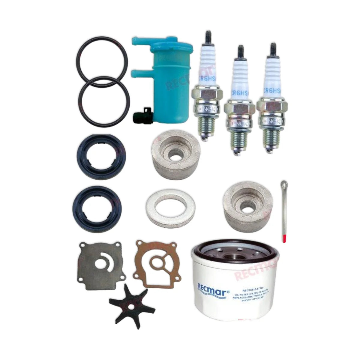 Image of various engine service and maintenance parts on a white background.