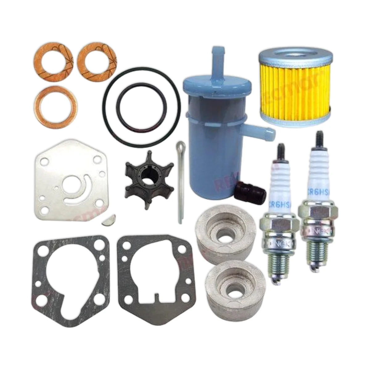 Image of various engine service and maintenance parts on a white background.