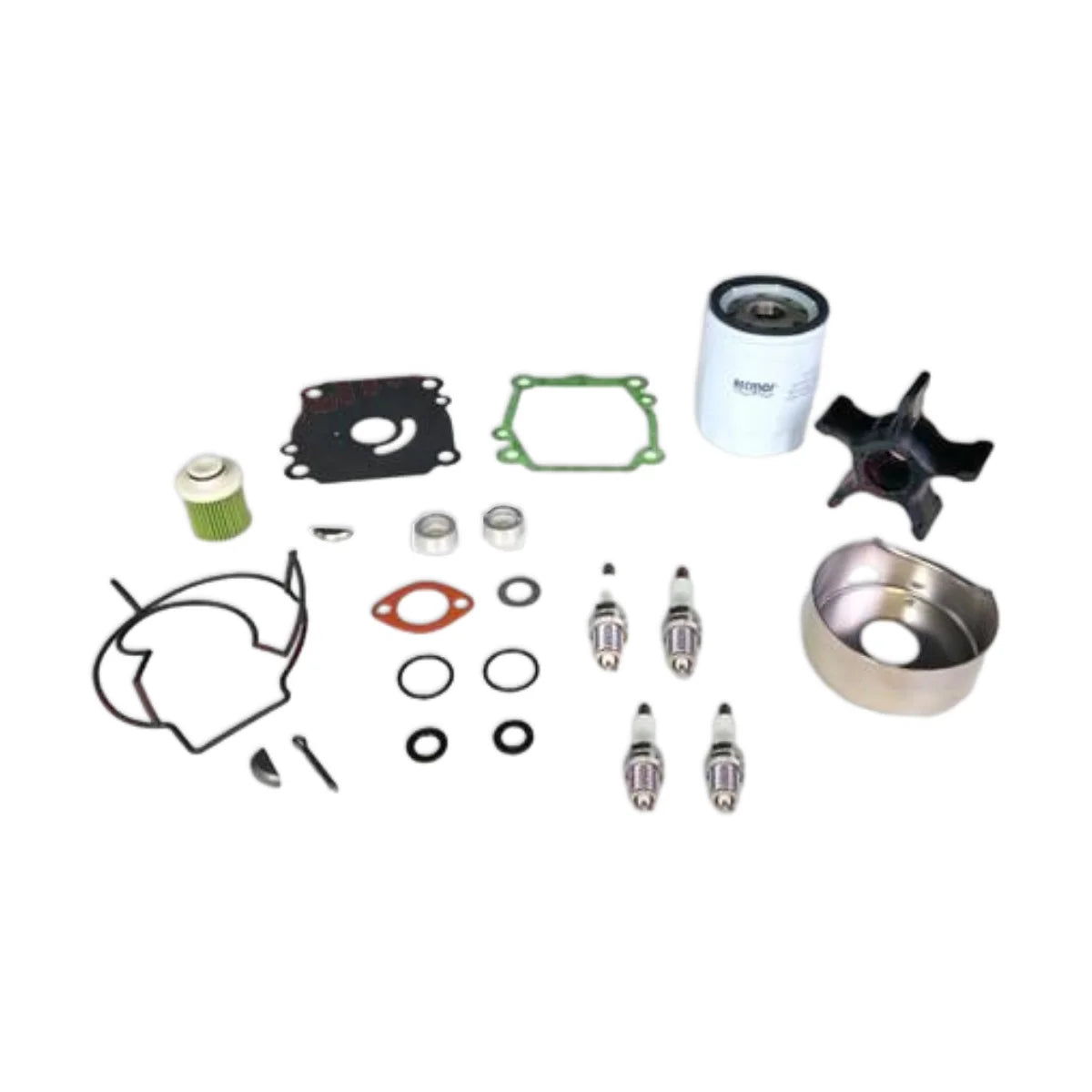 Image of various engine service and maintenance parts on a white background.