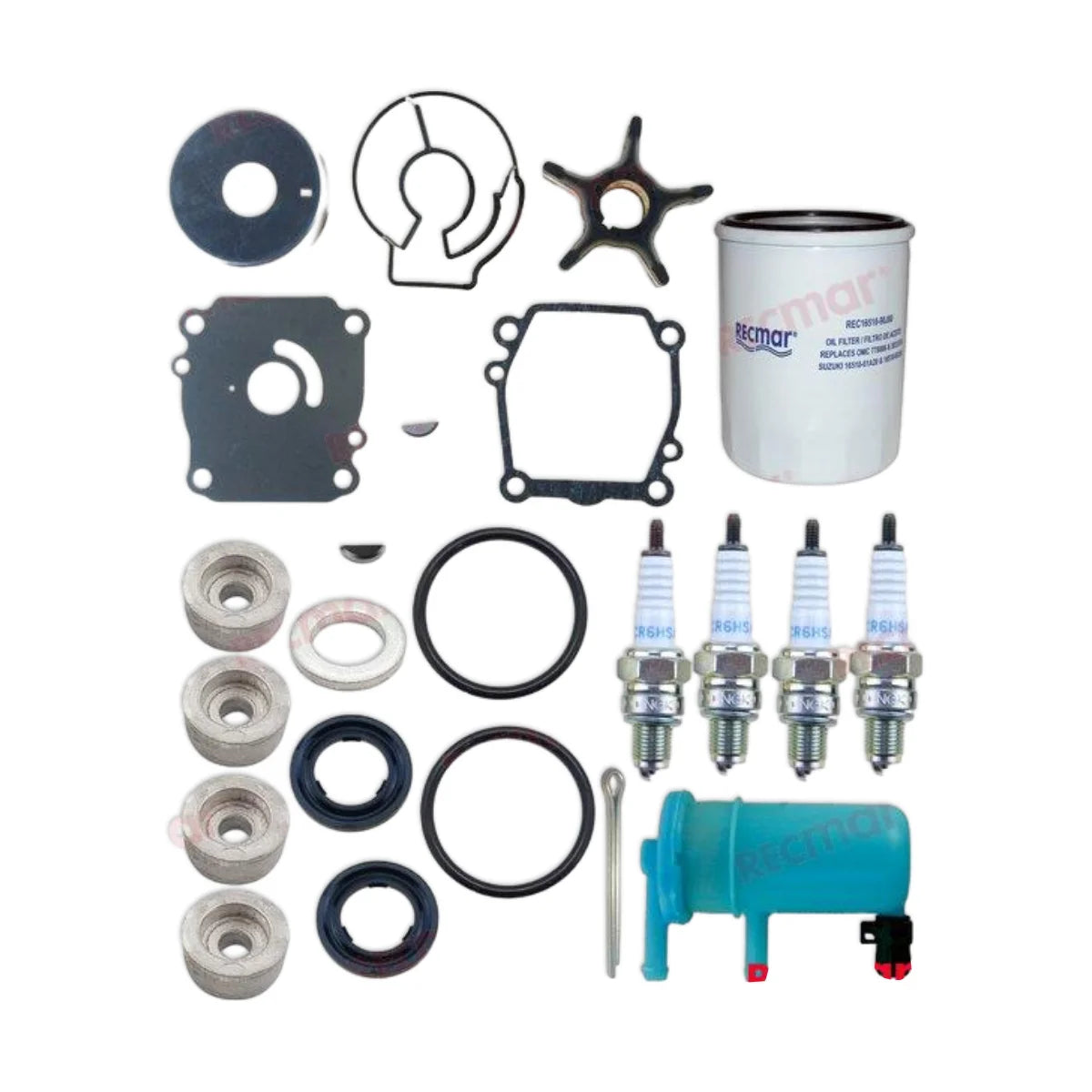 Image of various engine service and maintenance parts on a white background.