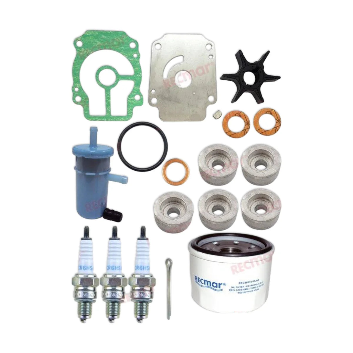 Image of various engine service and maintenance parts on a white background.