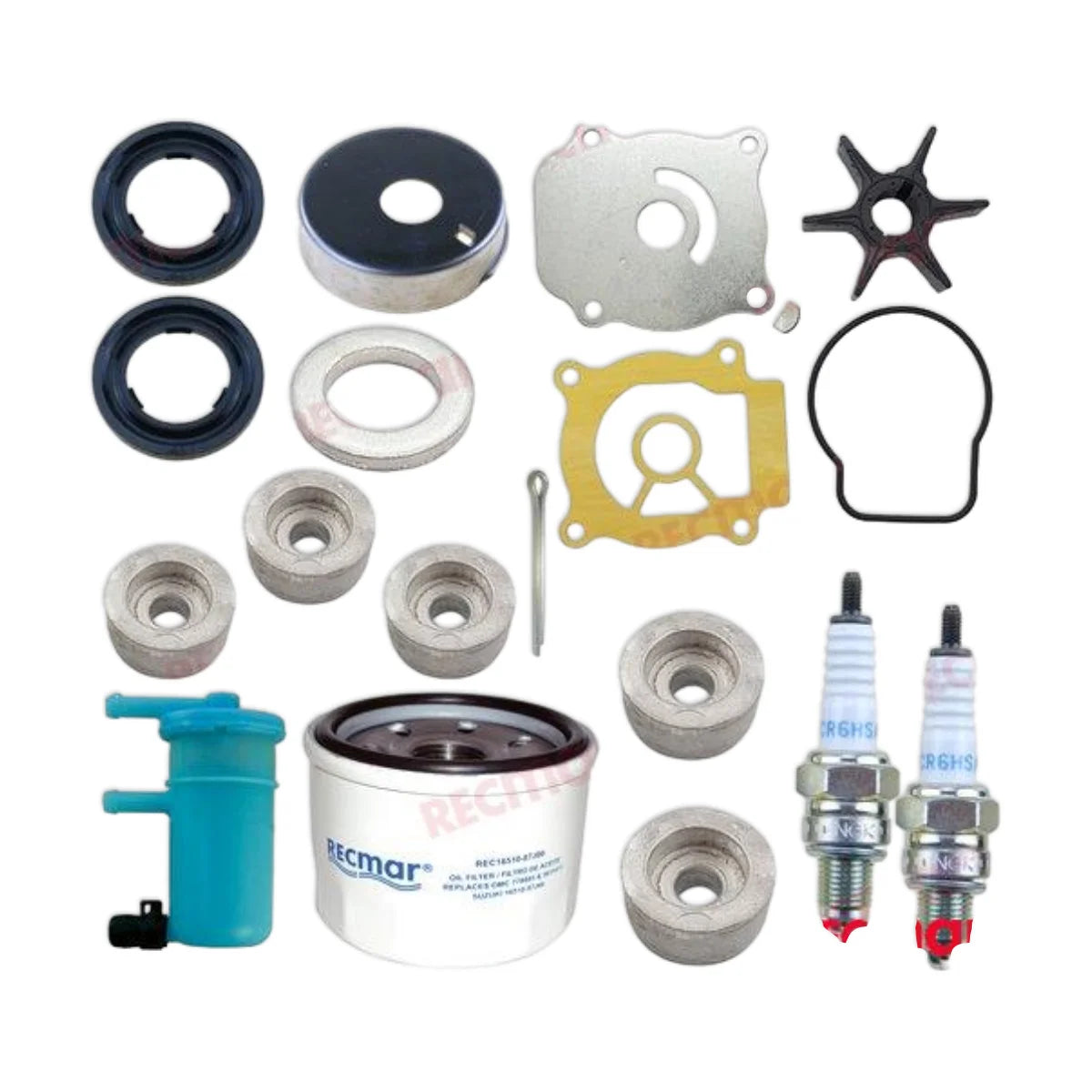 Image of various engine service and maintenance parts on a white background.