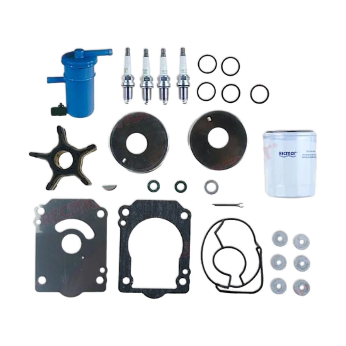Image of various engine service and maintenance parts on a white background.