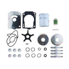 Image of various engine service and maintenance parts on a white background.