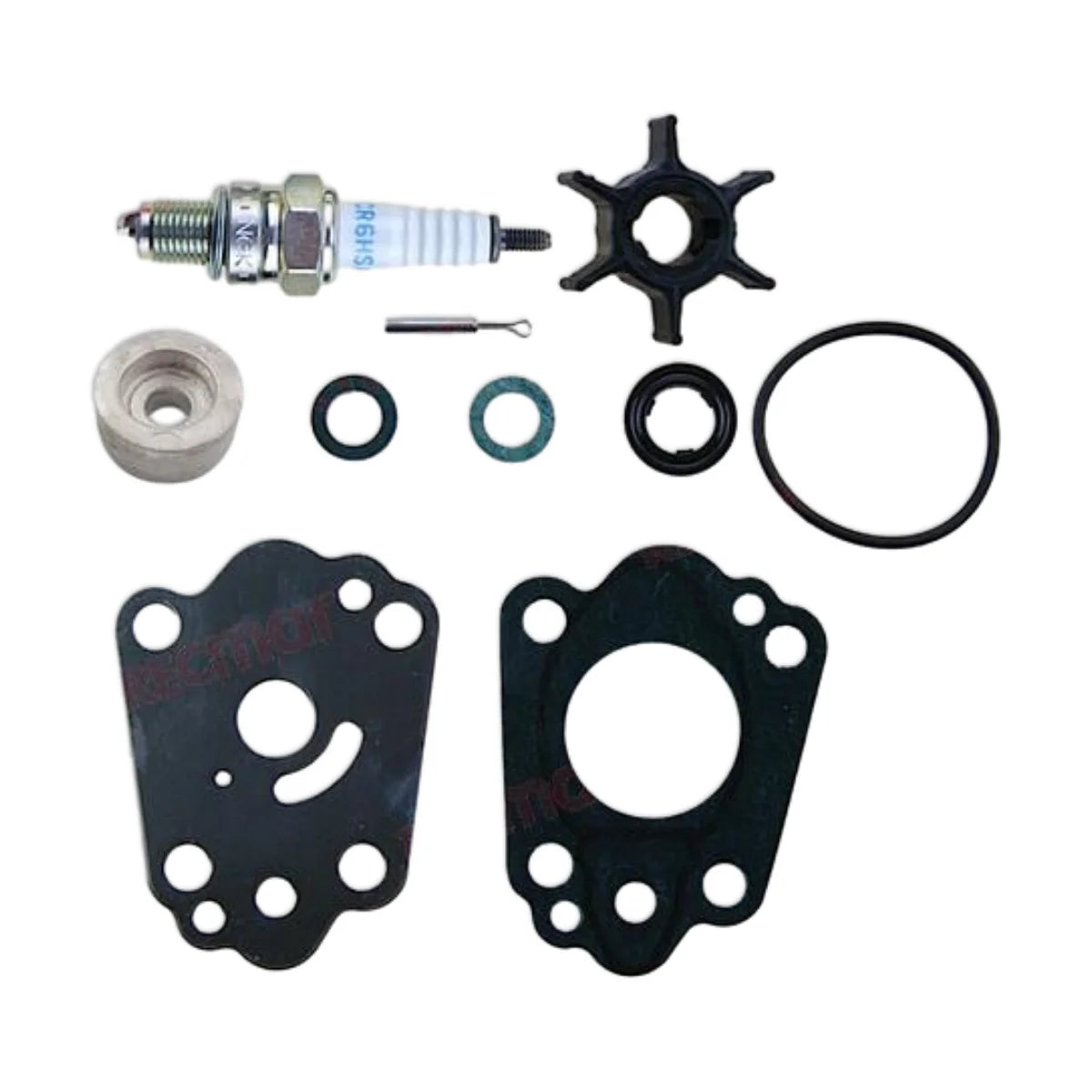 Image of various engine service and maintenance parts on a white background.