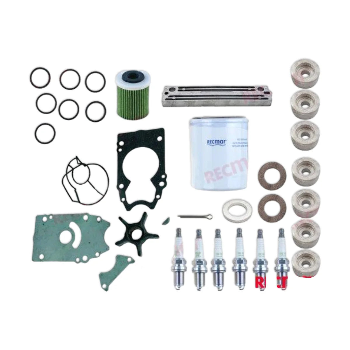 Image of various engine service and maintenance parts on a white background.