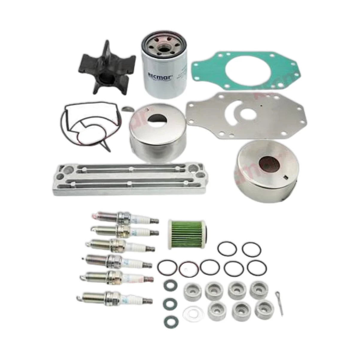 Image of various engine service and maintenance parts on a white background.