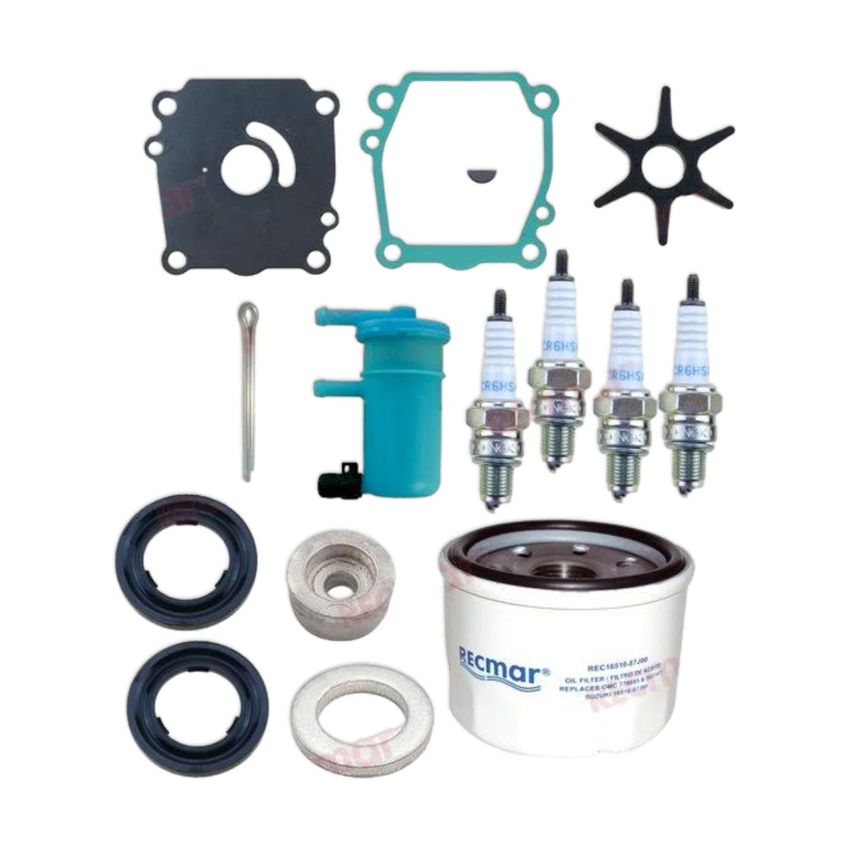 Image of various engine service and maintenance parts on a white background.