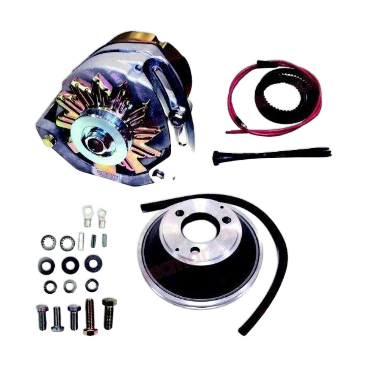 Image of an alternator conversion kit for an outboard engine including an alternator, pulley, and hardware on a white background.