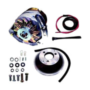 Image of an alternator conversion kit for an outboard engine including an alternator, pulley, and hardware on a white background.