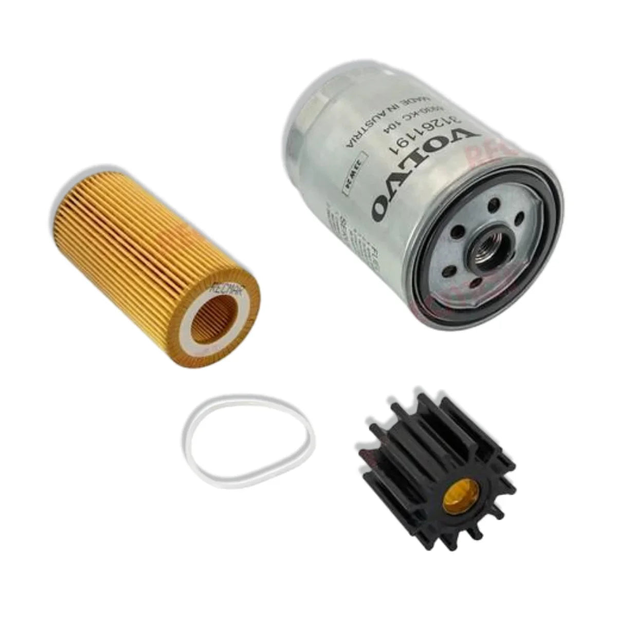 Image of a volvo penta filter with an impeller and seal on a white background.