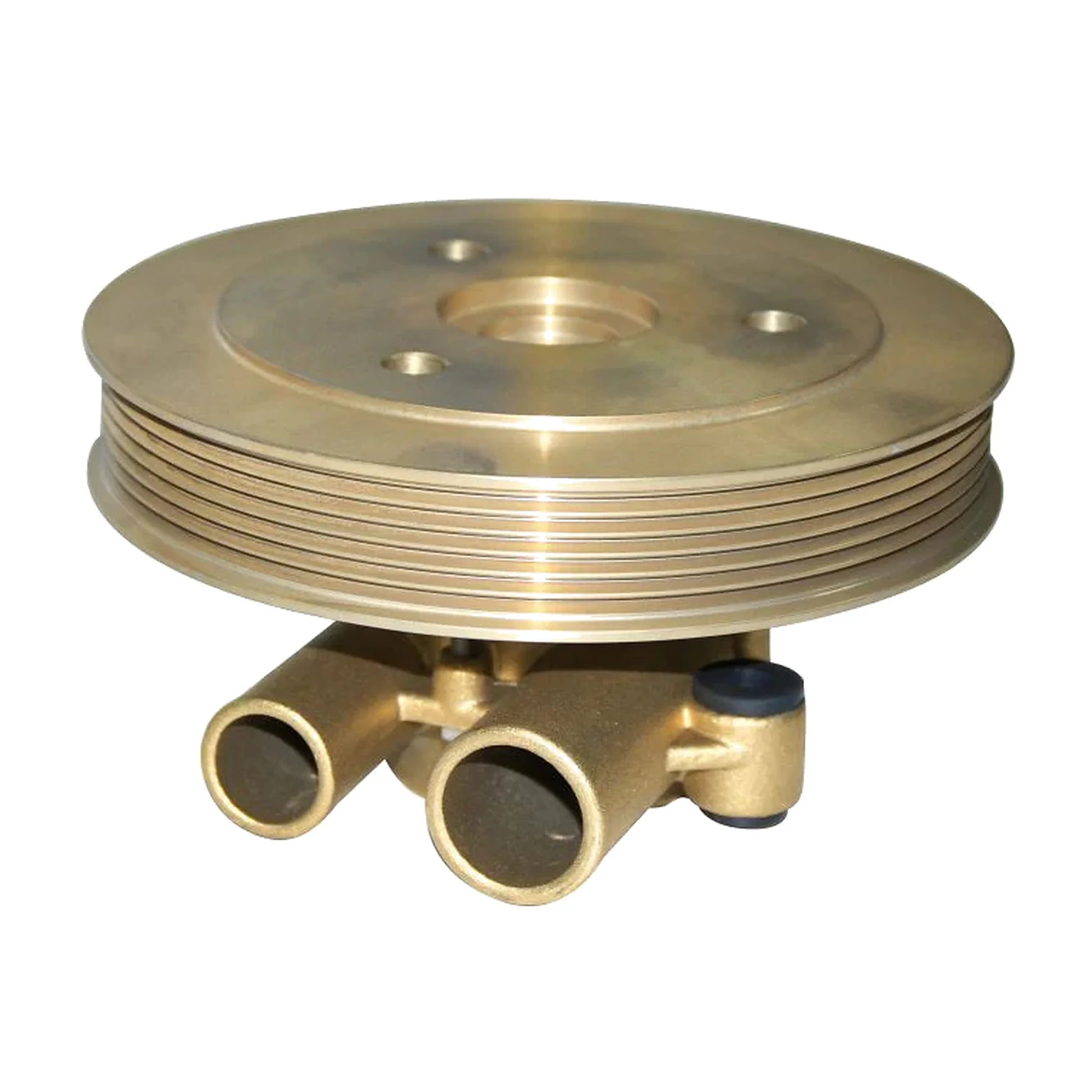 REC21212799 replacement raw water impeller pump showing serpentine pulley and hose ports.