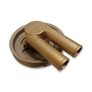 Bronze volvo penta water pump rear view showing the drive pulley and the water inlet and outlet.